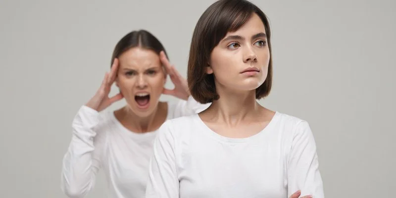 за спокойной женщиной стоит её агрессивная копия